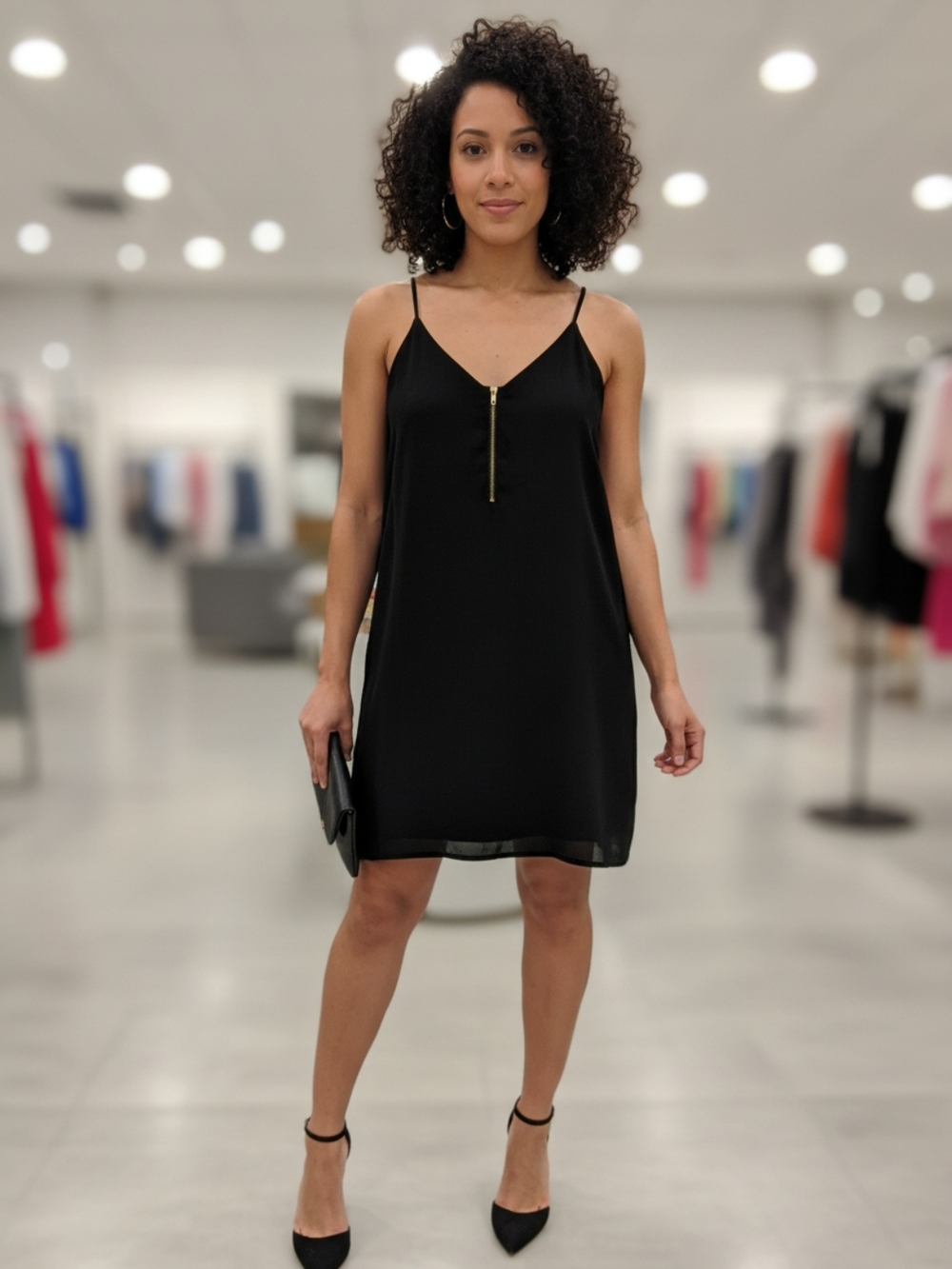 mine Black Slip Mini Dress with Gold Zip